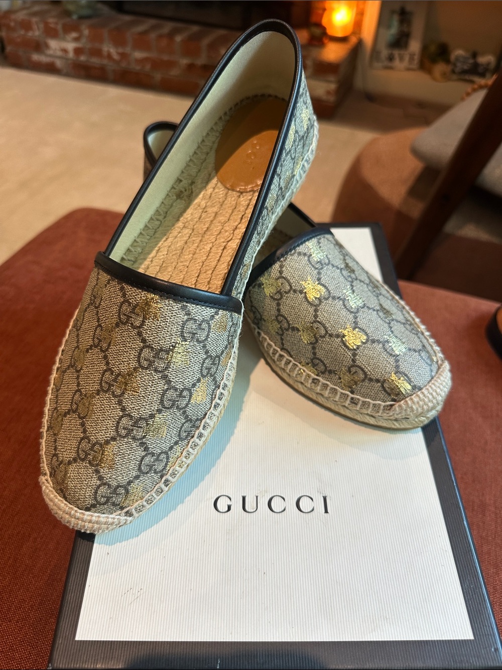 Gucci Beige GG Canvas Espadrilles with Gold Bee Motif